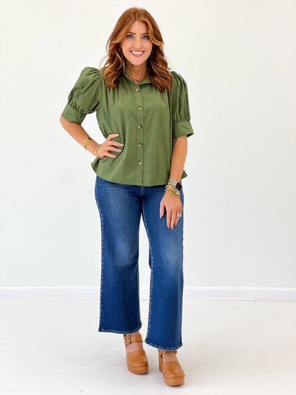 Entro Puff Sleeve Button Down Top - Lavish Boutique01-TOPS