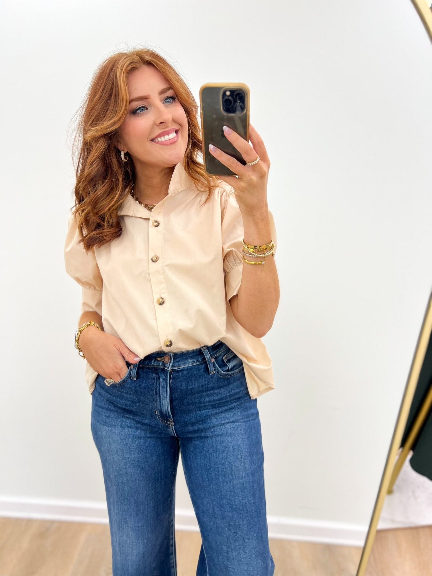 Entro Puff Sleeve Button Down Top - Lavish Boutique01-TOPS