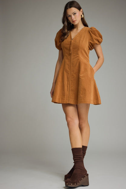 Entro Puff Sleeve Zip Front Mini Dress - Lavish Boutique04-DRESSES