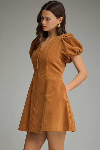 Entro Puff Sleeve Zip Front Mini Dress - Lavish Boutique04-DRESSES