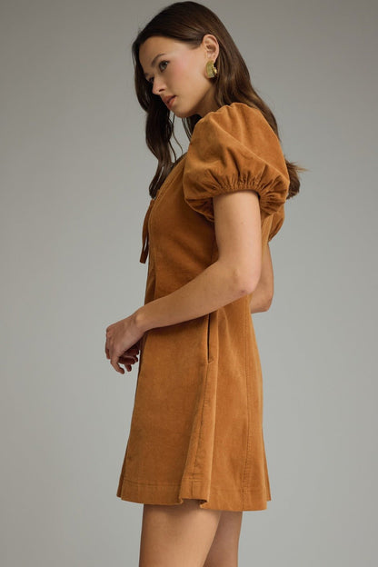 Entro Puff Sleeve Zip Front Mini Dress - Lavish Boutique04-DRESSES