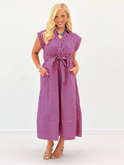 Striped midi dress with a matching waist belt