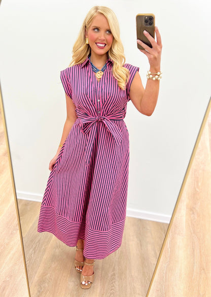 Sleeveless striped midi dress with a defined waist