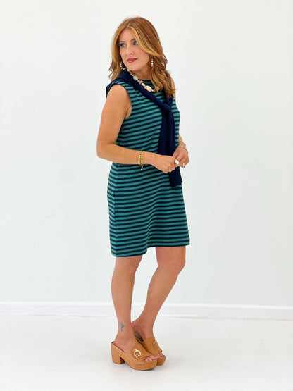 Ribbed sweater knit mini dress with stripes