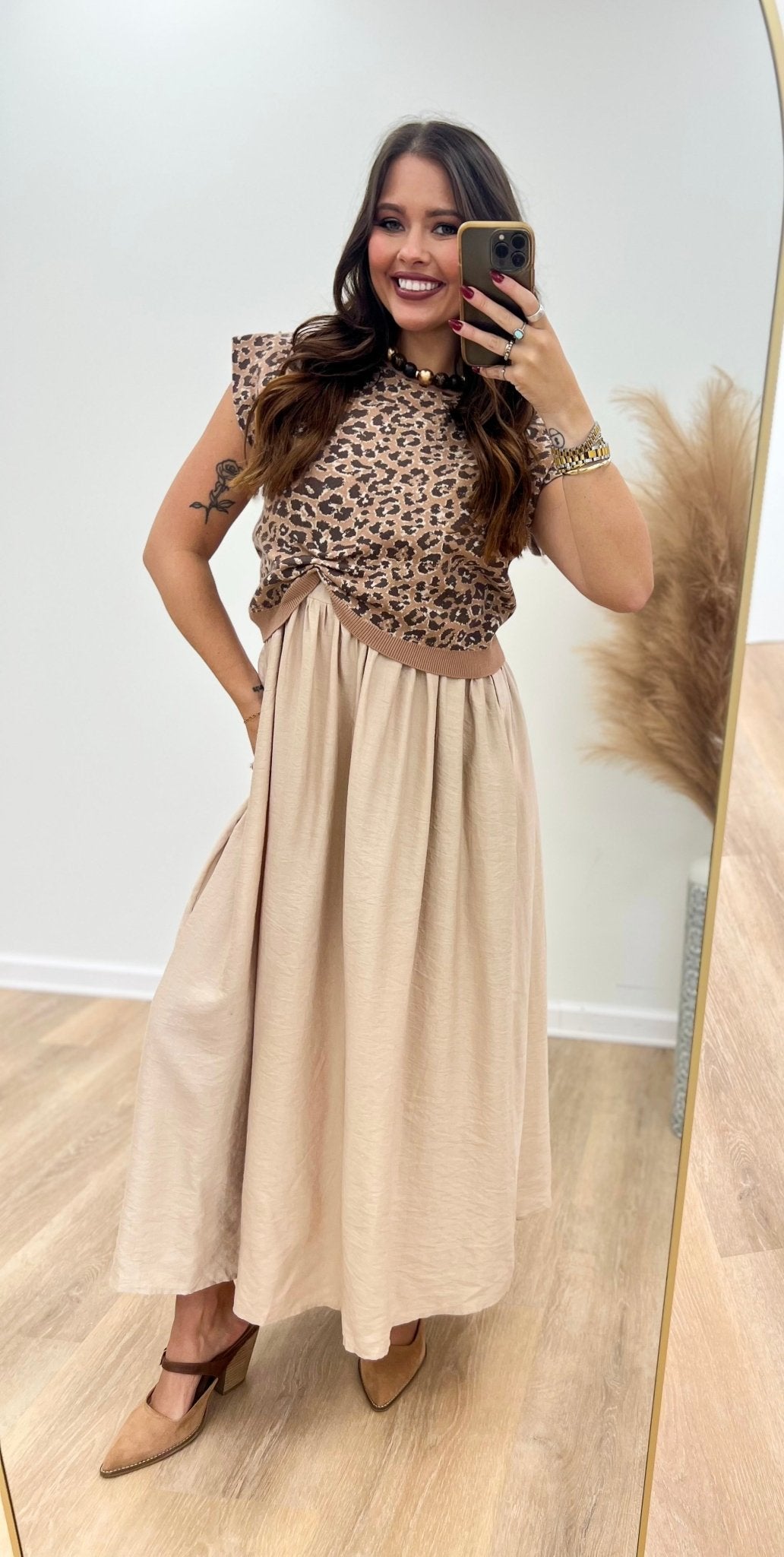 Camel cotton dress worn with a matching sweater top