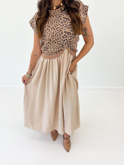 Two piece camel dress set with a cotton skirt