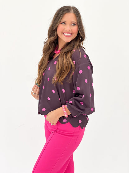Dotted plum blouse with long sleeves