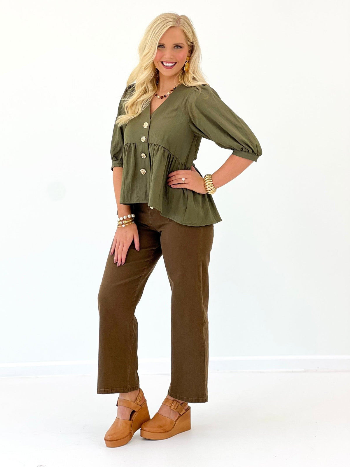 Entro V-Neck Puff Sleeve Ruffle Hem Top - Lavish Boutique01-TOPS