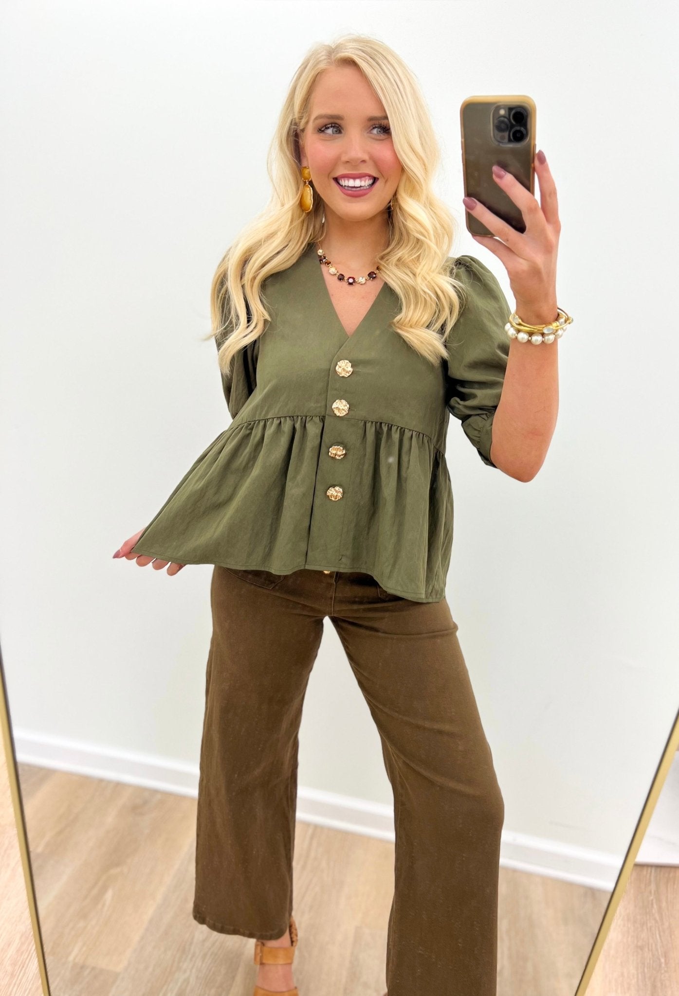 Entro V-Neck Puff Sleeve Ruffle Hem Top - Lavish Boutique01-TOPS