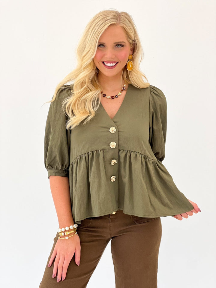 Entro V-Neck Puff Sleeve Ruffle Hem Top - Lavish Boutique01-TOPS