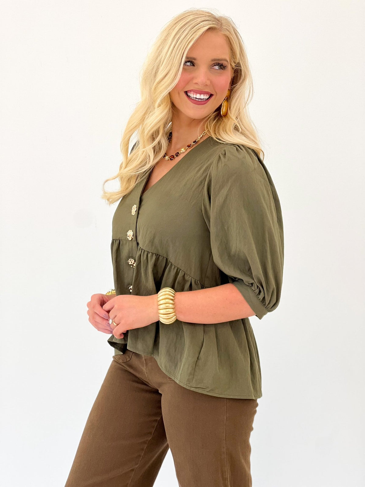 Entro V-Neck Puff Sleeve Ruffle Hem Top - Lavish Boutique01-TOPS