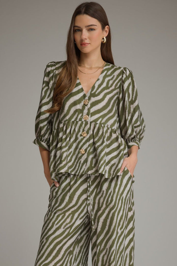 Olive zebra print button front top with puff sleeves