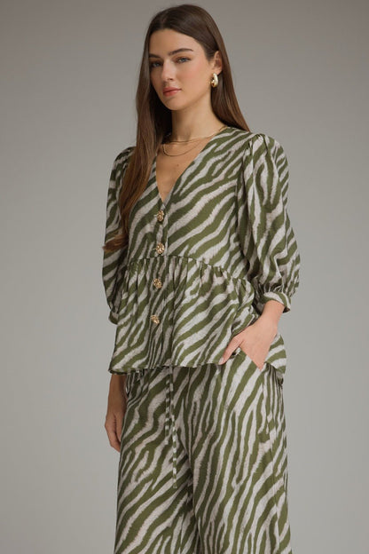 Zebra print top in olive with a full button placket