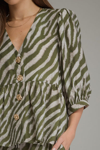 Olive striped animal print top with buttons down the front
