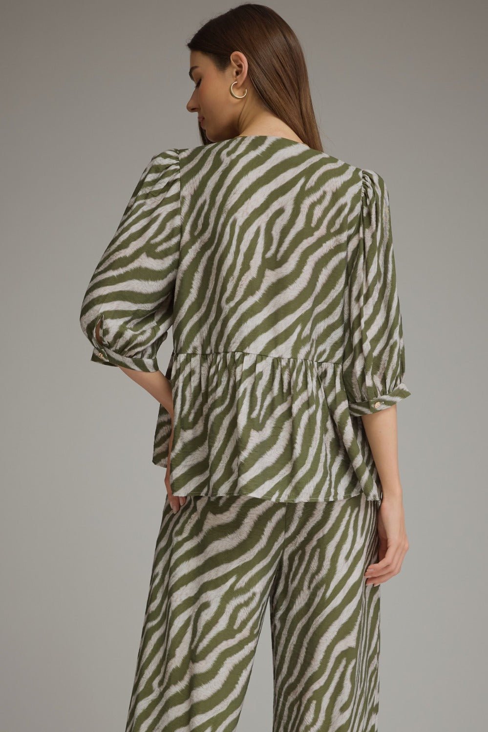 Button front olive top patterned with zebra stripes