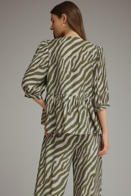 Button front olive top patterned with zebra stripes