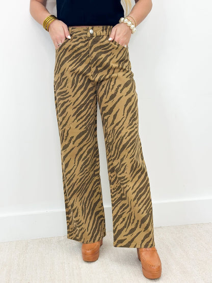 Zebra print pants with a full wide leg and soft drape