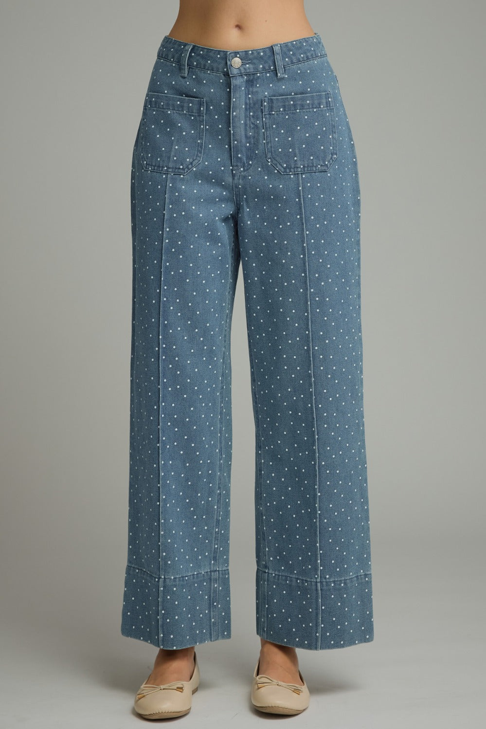 Entro Polka Dot Wide Leg Patch Pocket Pants in Denim