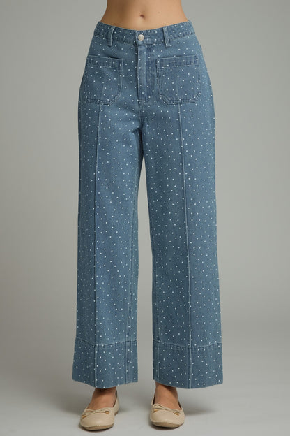 Entro Polka Dot Wide Leg Patch Pocket Pants in Denim