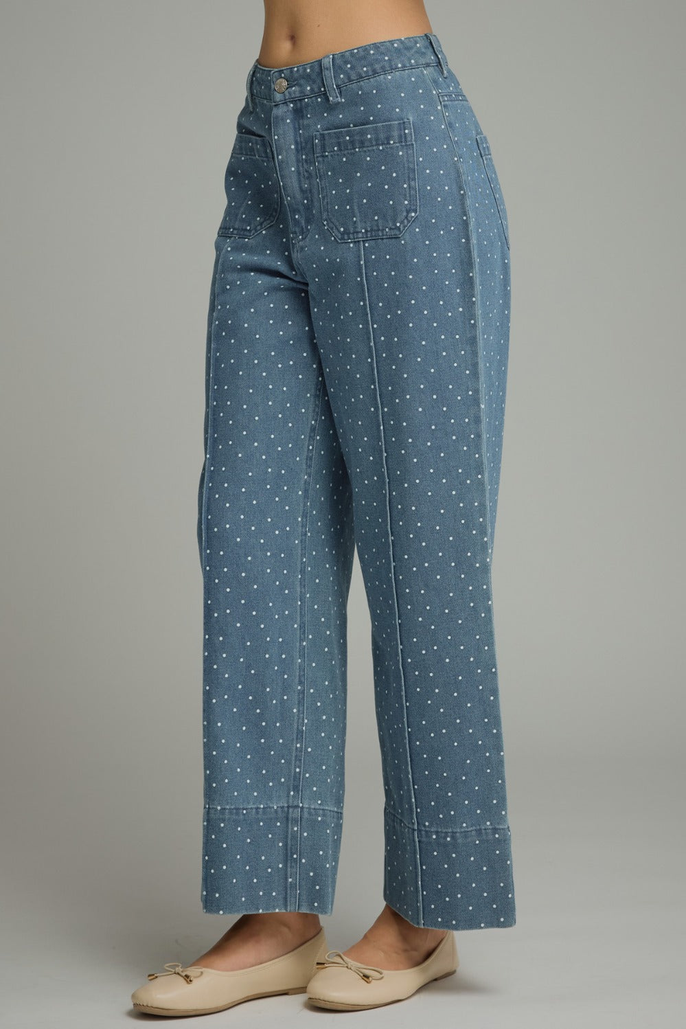 Entro Polka Dot Wide Leg Patch Pocket Pants in Denim