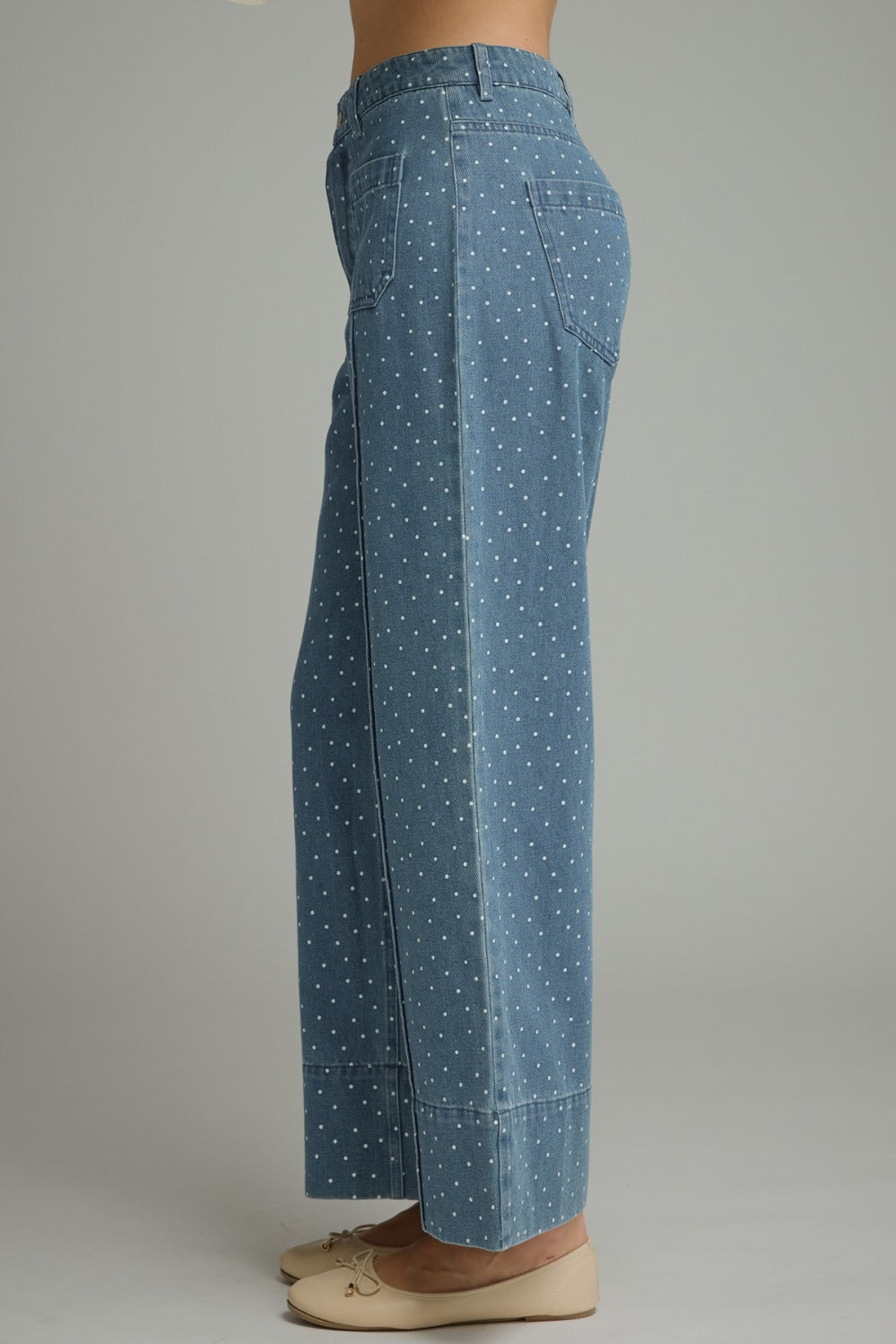 Entro Polka Dot Wide Leg Patch Pocket Pants in Denim