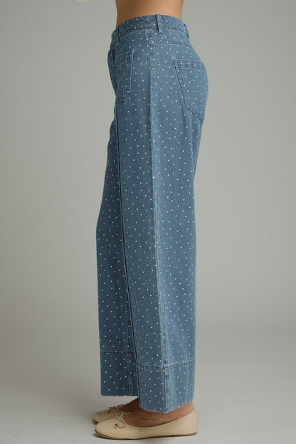 Entro Polka Dot Wide Leg Patch Pocket Pants in Denim