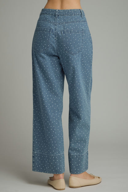 Entro Polka Dot Wide Leg Patch Pocket Pants in Denim