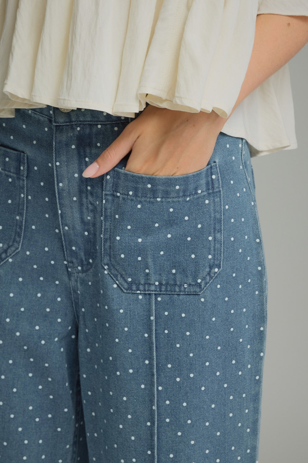 Entro Polka Dot Wide Leg Patch Pocket Pants in Denim