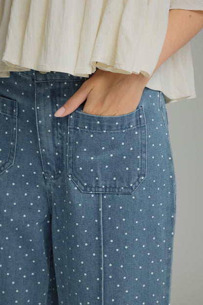 Entro Polka Dot Wide Leg Patch Pocket Pants in Denim