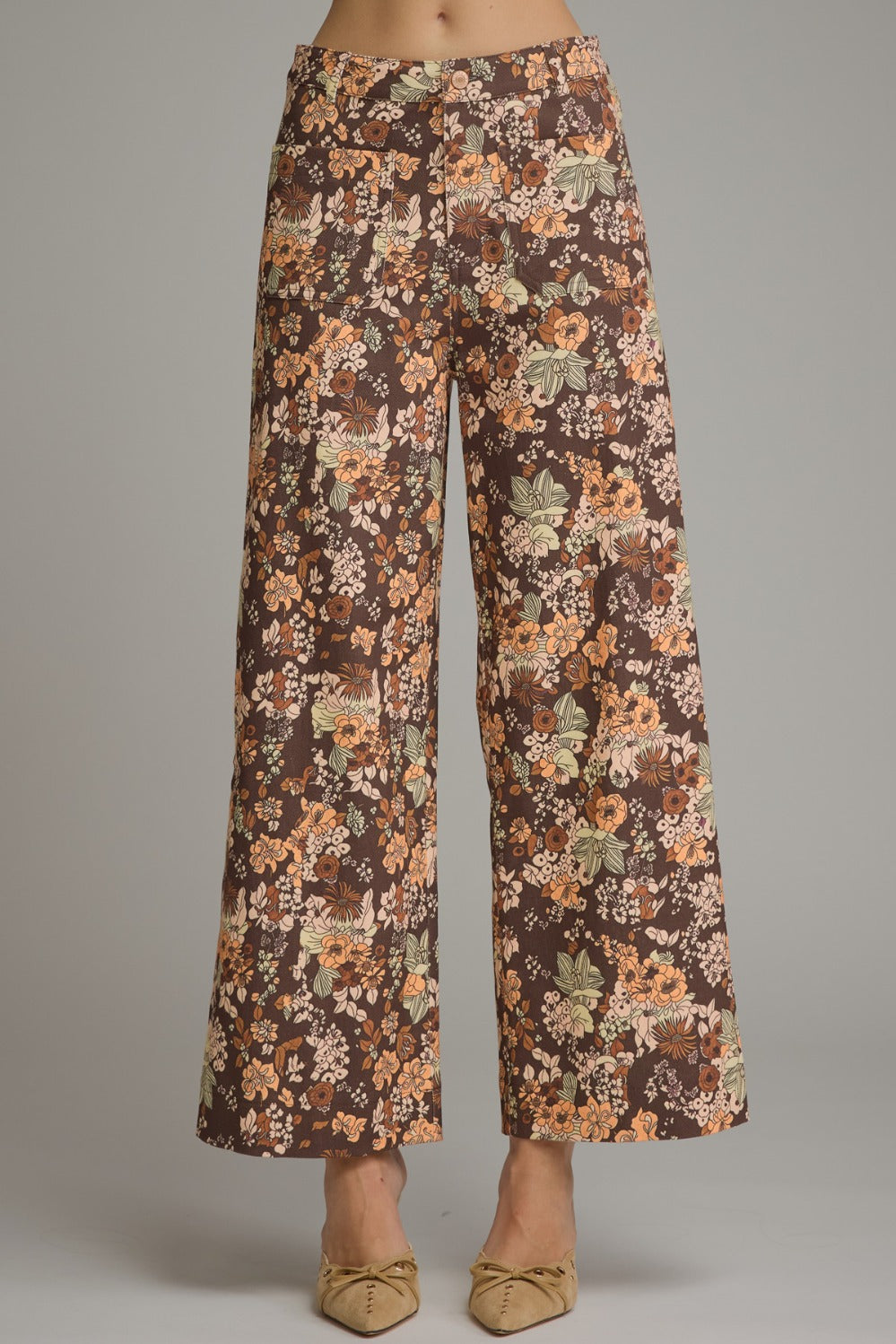 Entro floral print wide leg pant in brown multi