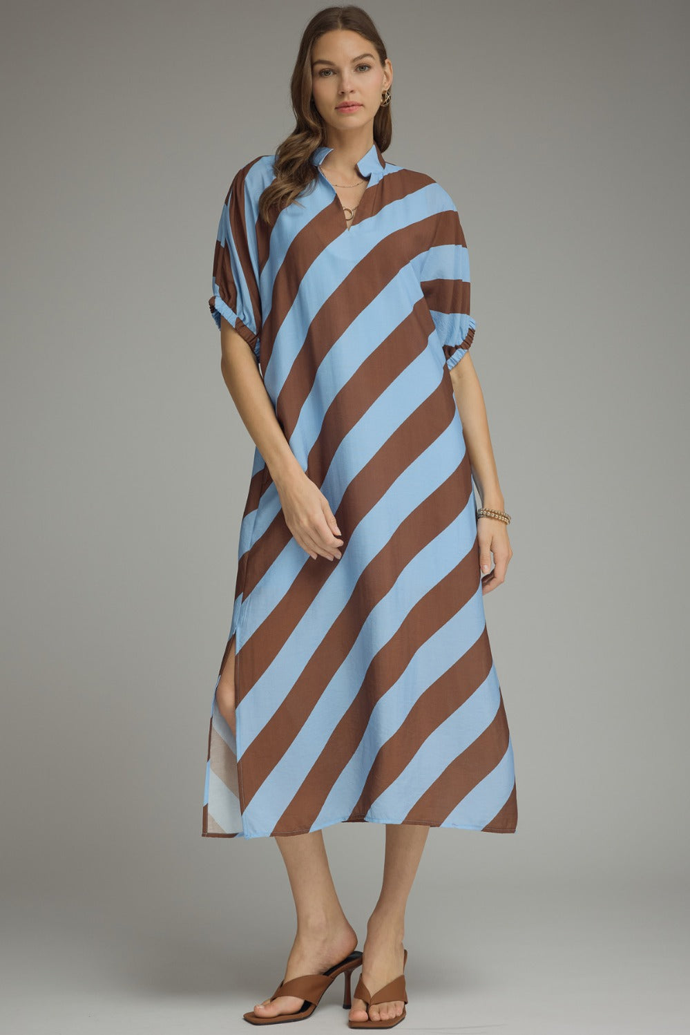 Entro Striped Dolman Sleeve V-Neck Dress in Light Blue