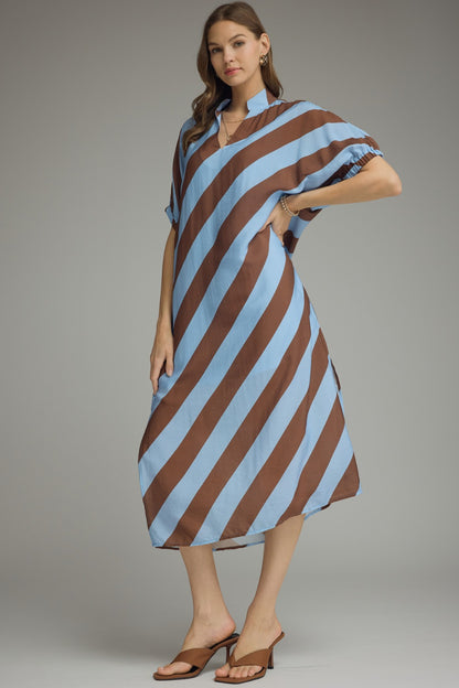 Entro Striped Dolman Sleeve V-Neck Dress in Light Blue