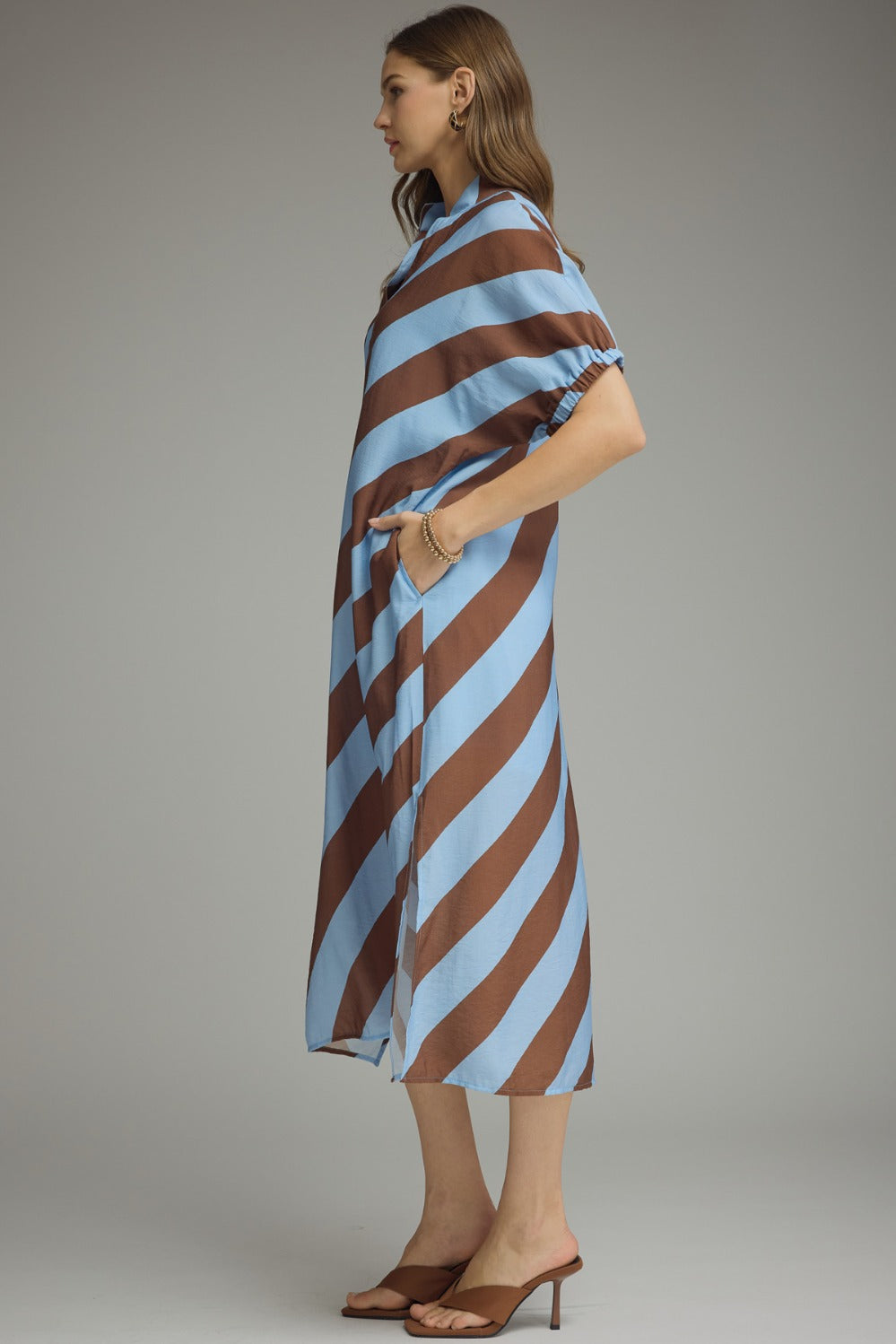 Entro Striped Dolman Sleeve V-Neck Dress in Light Blue