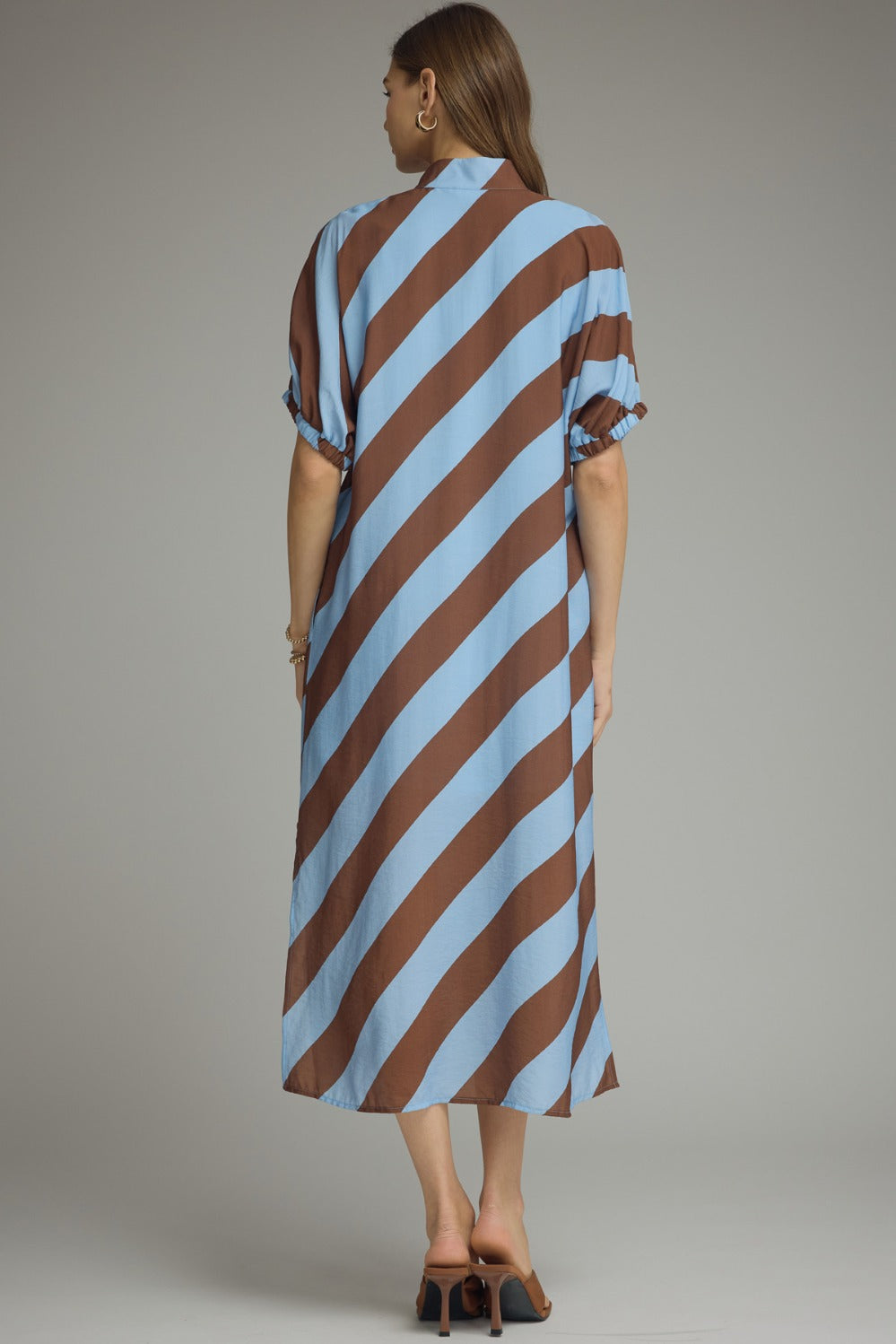 Entro Striped Dolman Sleeve V-Neck Dress in Light Blue