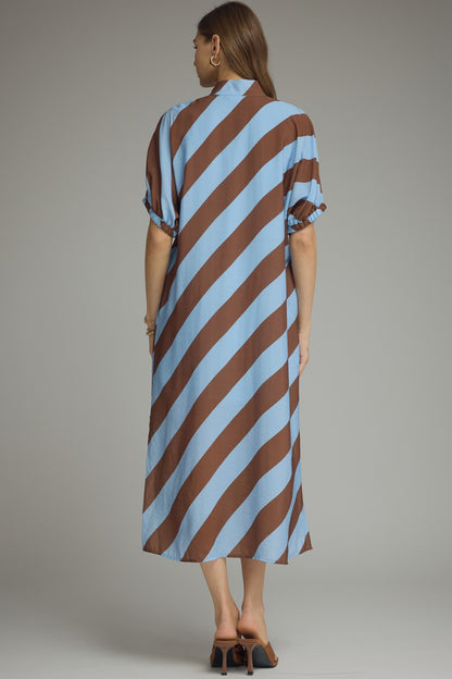 Entro Striped Dolman Sleeve V-Neck Dress in Light Blue