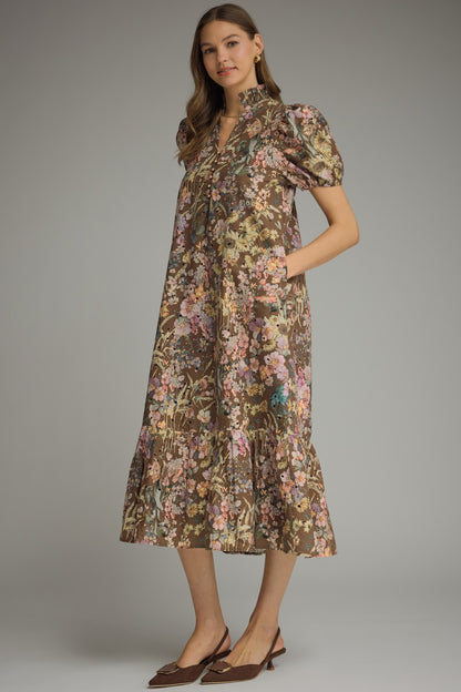 Brown floral midi dress with short puff sleeves and a button front