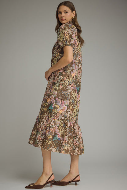 Gold button detail on a brown floral eyelet midi dress