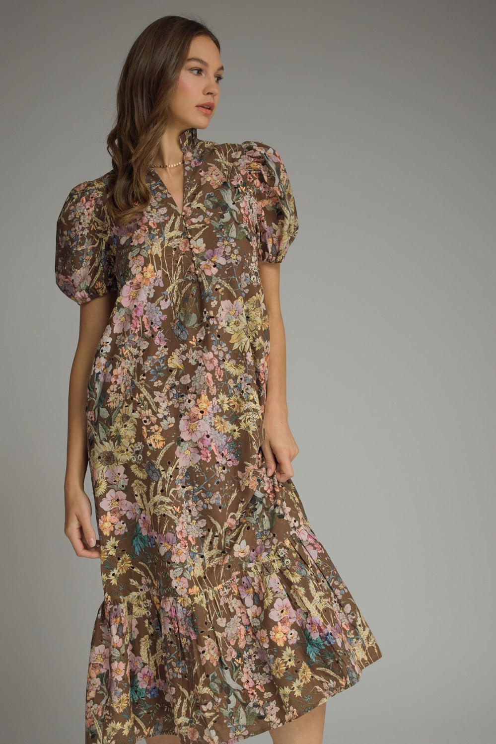 Entro Floral Gold Button Ruffle Collar Dress in Brown