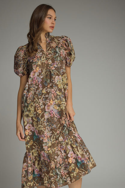 Entro Floral Gold Button Ruffle Collar Dress in Brown