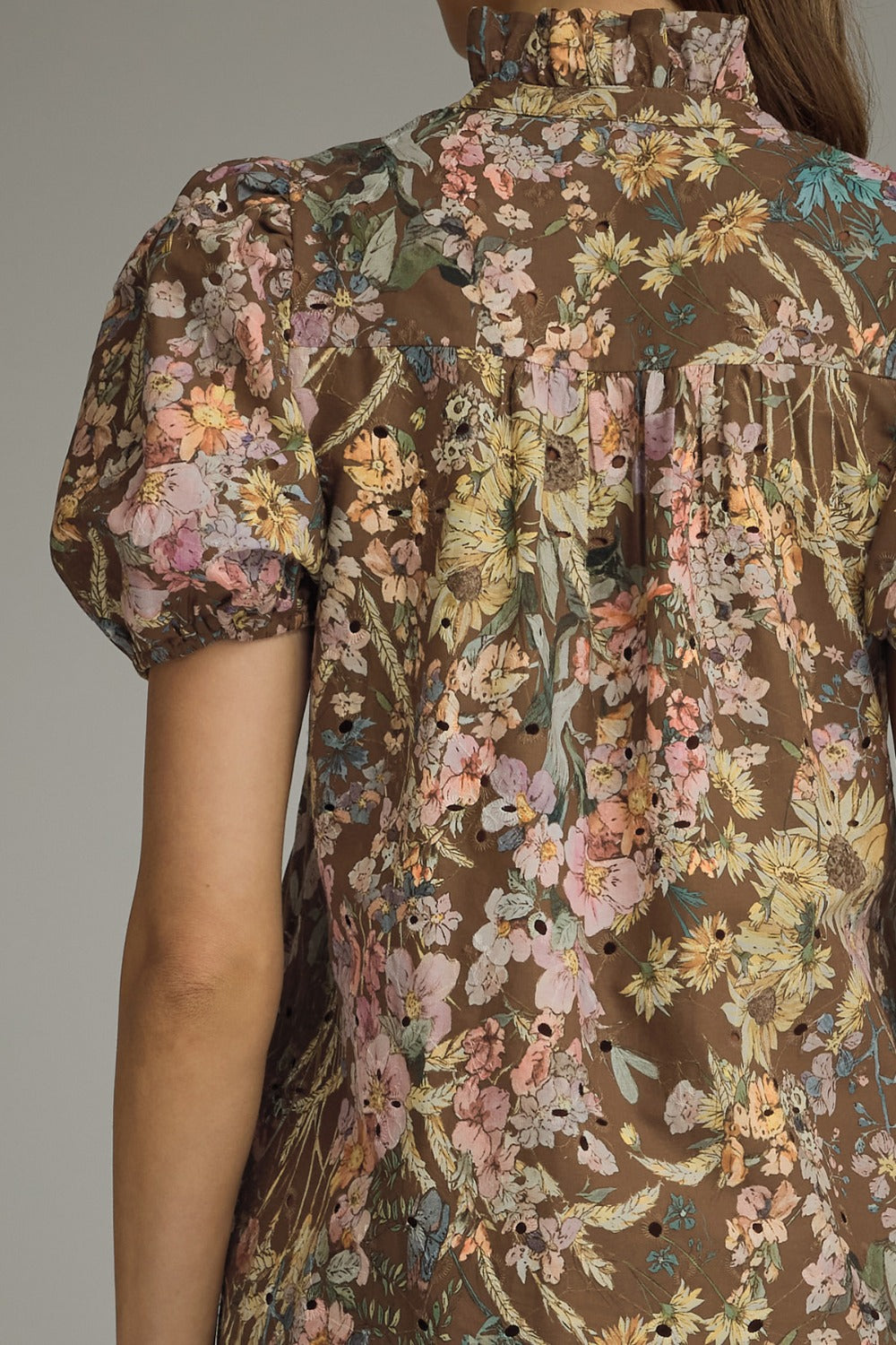 Entro Floral Gold Button Ruffle Collar Dress in Brown