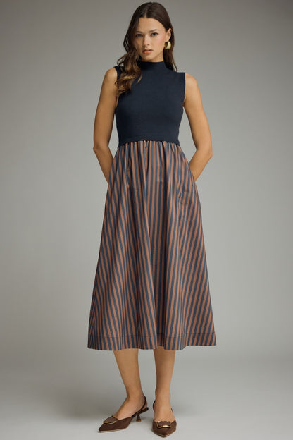 Entro Striped Skirt Midi Dress - Navy