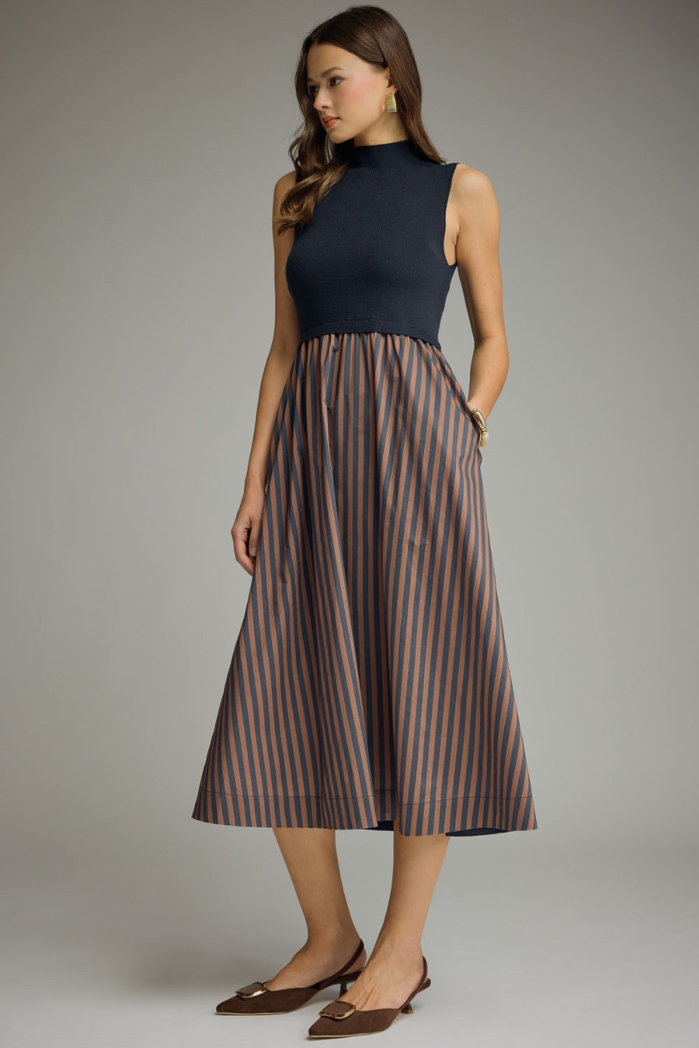 Entro Striped Skirt Midi Dress - Navy