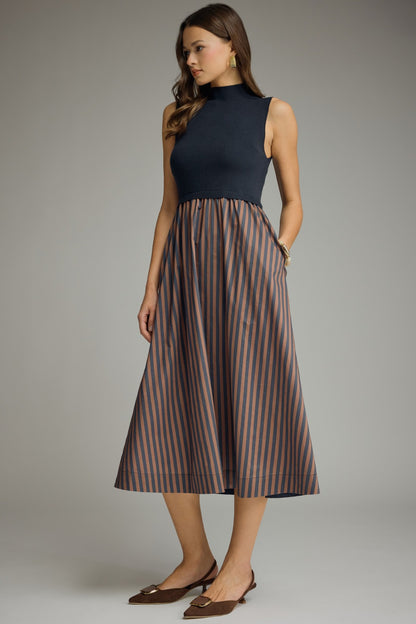 Entro Striped Skirt Midi Dress - Navy