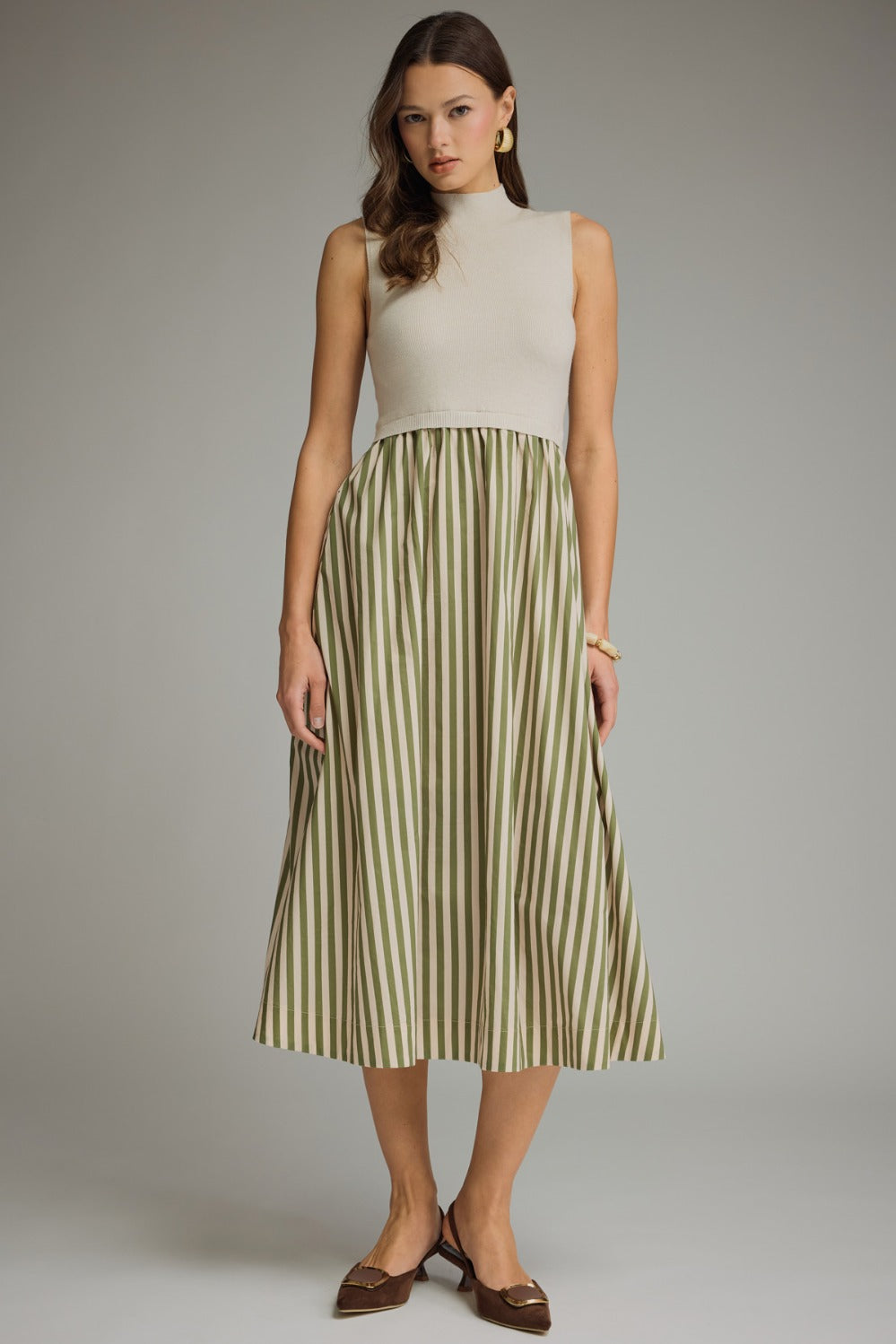Entro Striped Skirt Midi Dress - Navy