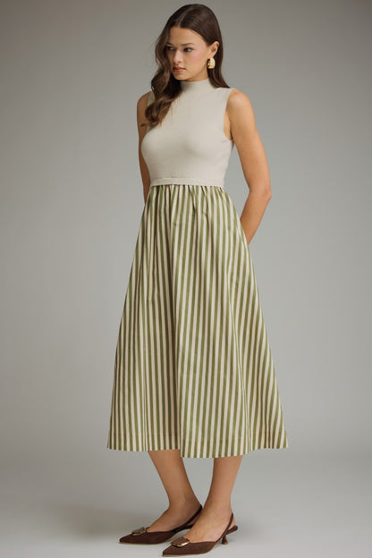 Entro Striped Skirt Midi Dress - Navy