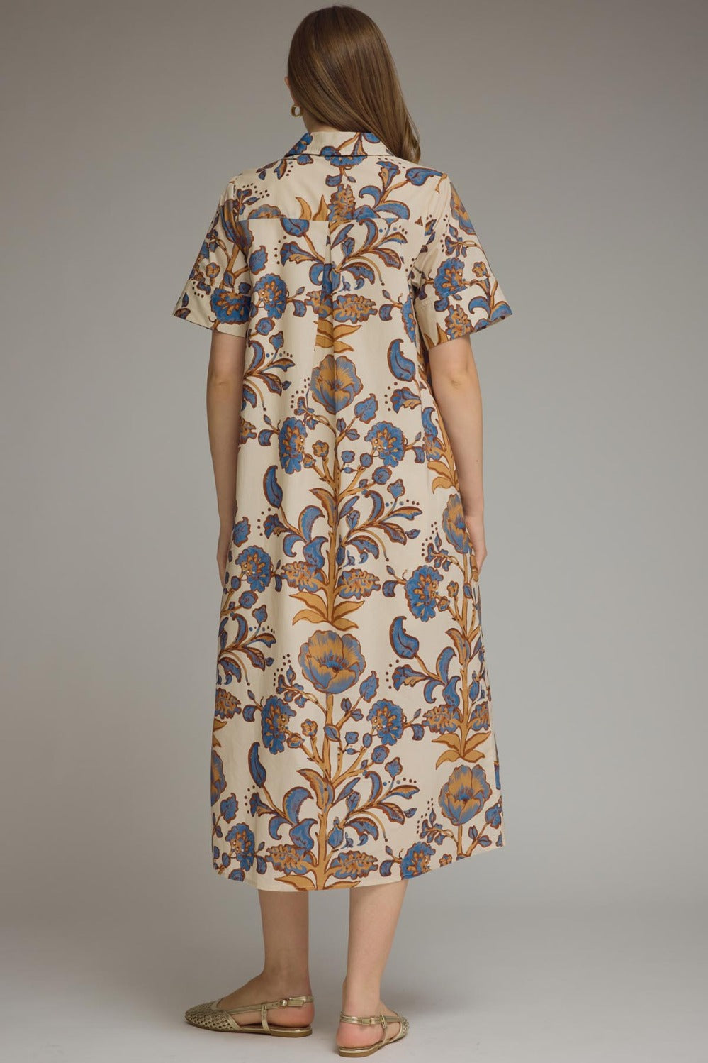 Entro Short Sleeve Floral Collared Midi Dress in Ecru