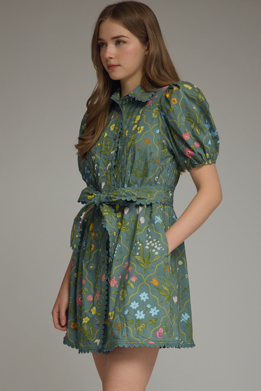 Entro Floral Scallop Trim Mini Dress - Teal Green