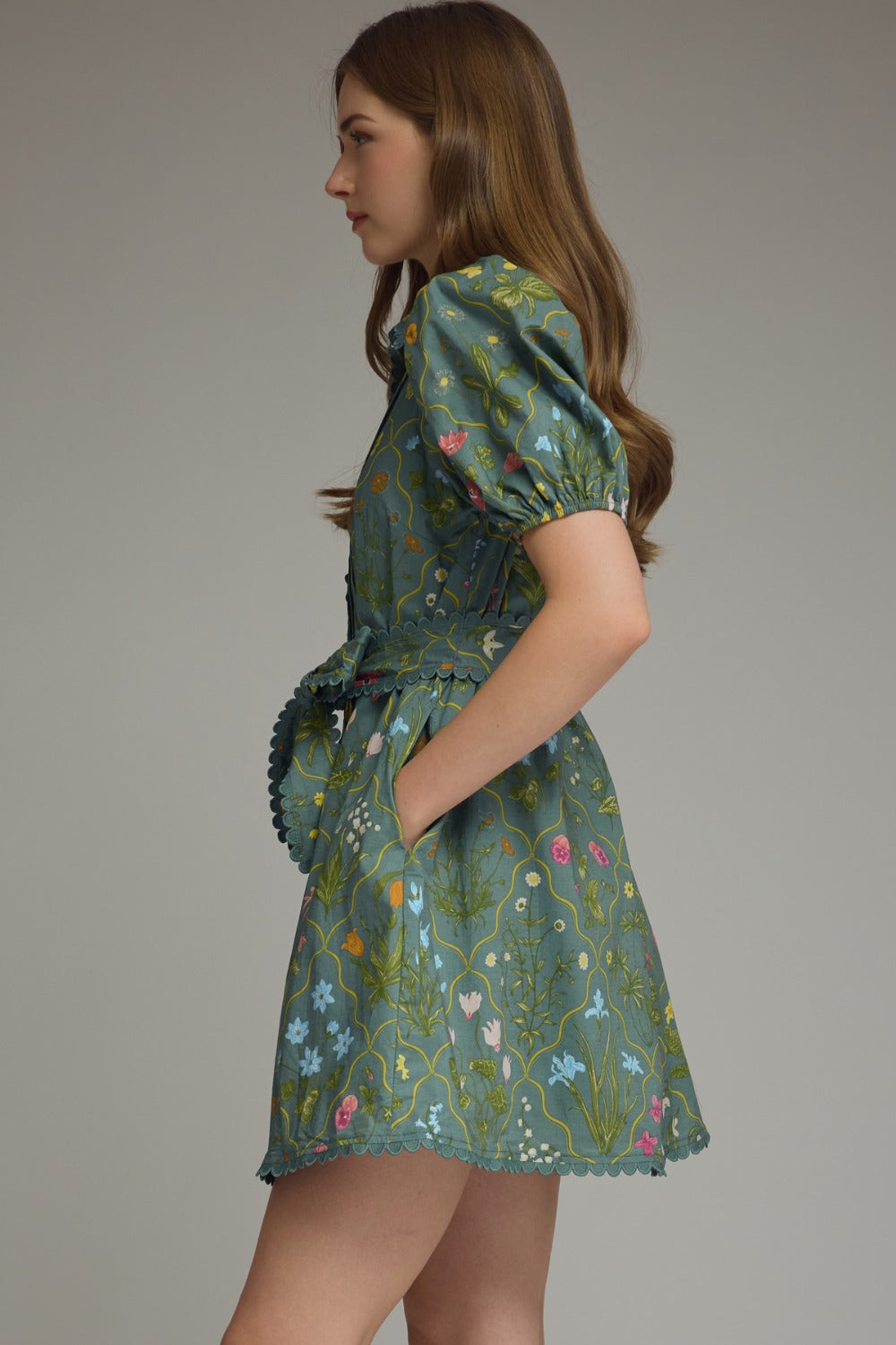 Entro Floral Scallop Trim Mini Dress - Teal Green