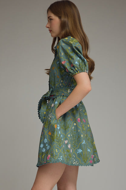 Entro Floral Scallop Trim Mini Dress - Teal Green