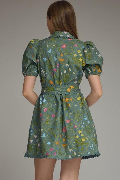 Entro Floral Scallop Trim Mini Dress - Teal Green
